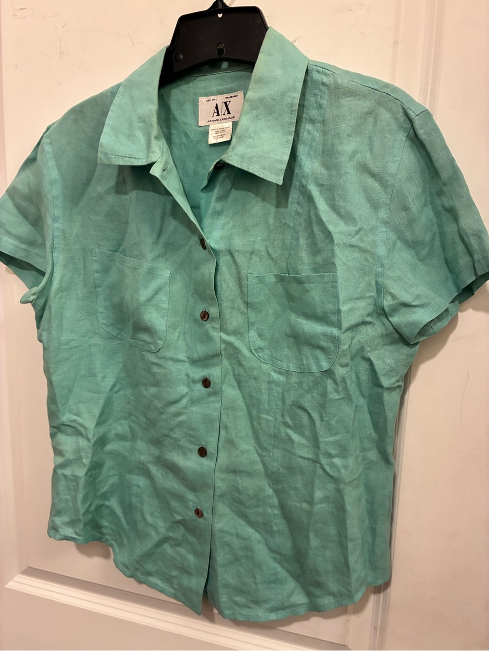 Armani Exchange Women's Mint Green Short Sleeve Button-Down Shirt